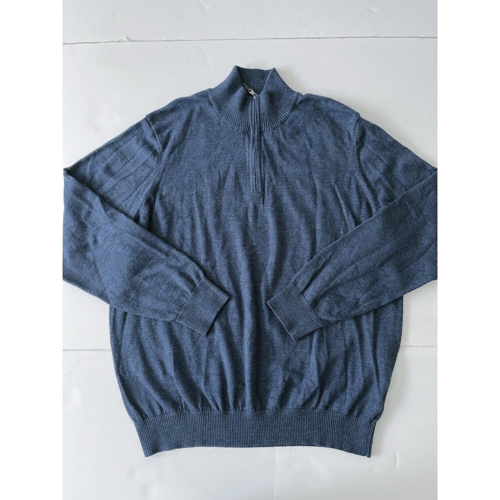 Thomas Dean Sweater Men XL Blue Extra Fine Merino Wool 1/4 Zip Mock Neck Knit